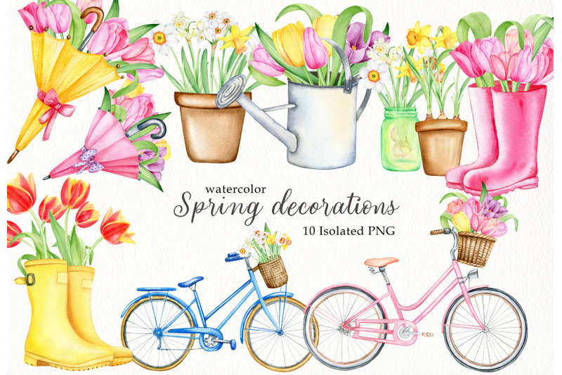 Watercolor spring decorations clipart set. Gardening spring flower PNG ...