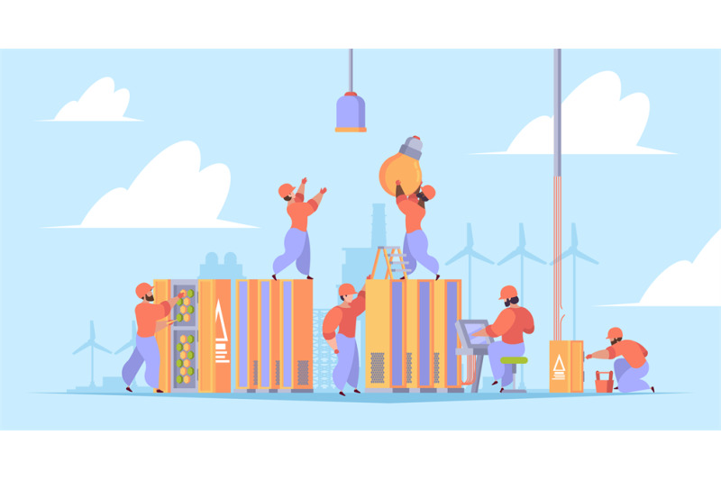 Workers install electric. Electrician workers repair processes enginee ...