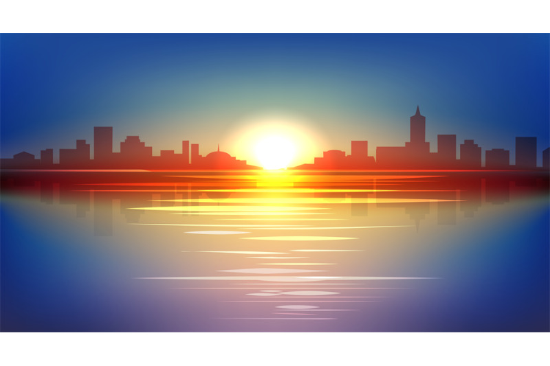 Urban sunrise cartoon panorama By vectortatu | TheHungryJPEG
