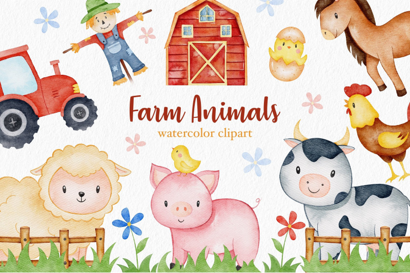 Farm Animals Watercolor Clipart, Cute Farm Png By Luidesignstudio 