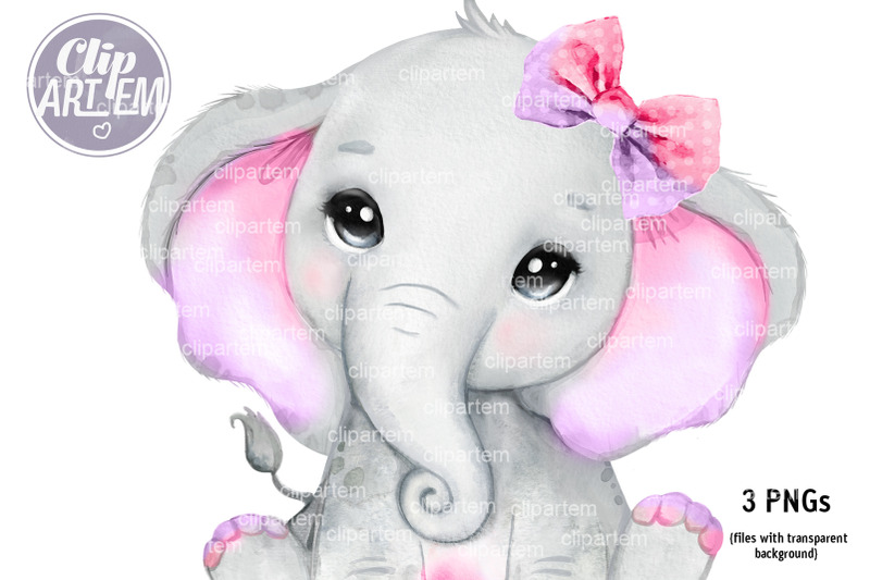 Cute Pink Purple Girl Elephant with bow 3 PNG images By clipArtem ...