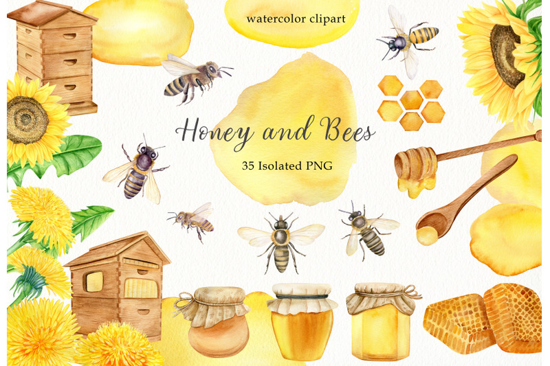 Watercolor honey and bees clipart Hand painted beekeeping honeybee PNG ...