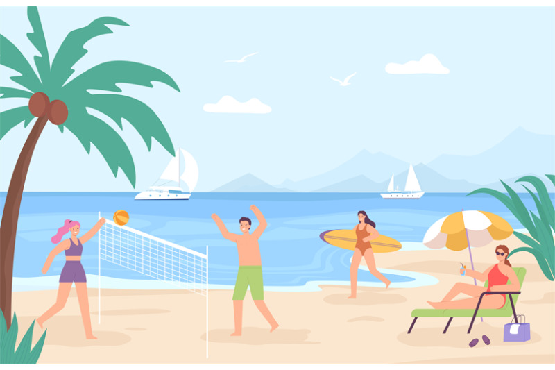 People at beach. Cartoon sea landscape with characters on vacation. Pe By  Tartila | TheHungryJPEG