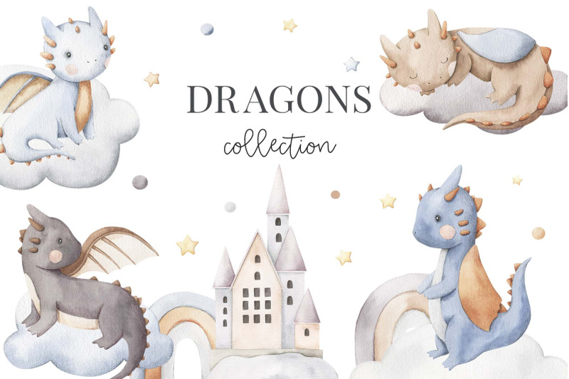 Dragons - watercolor set By Alesya Pytskaya Illustrations | TheHungryJPEG