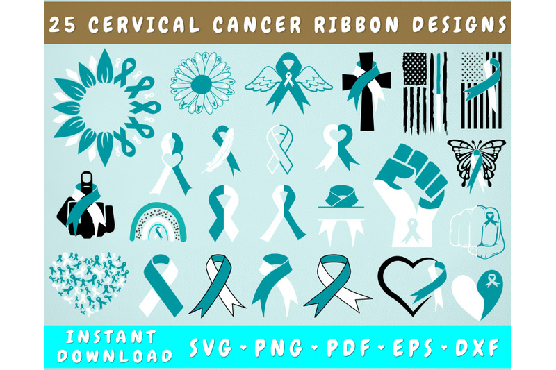 Cervical Cancer Ribbon SVG Bundle, 25 Designs, Cervical Cancer Clipart ...