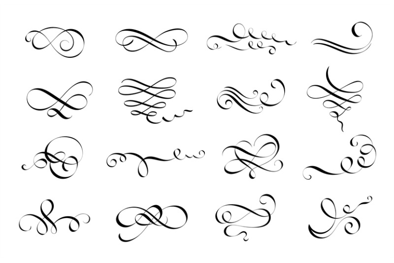 Calligraphy flourish. Letter swirl, pointed pen lettering ornaments an ...