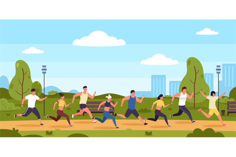 Marathon runners. Cartoon people running race in park, persons on spor ...