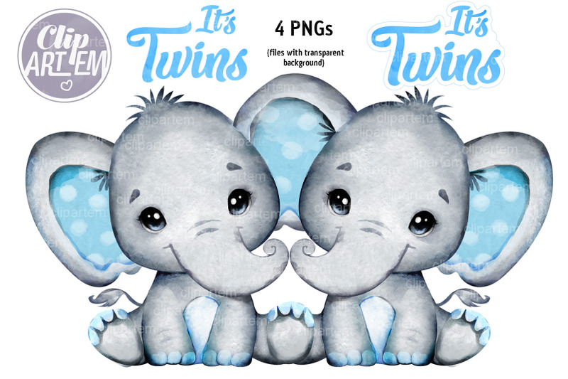 Twin Boys Elephants It's Twins clip art 4 PNG watercolor image By ...