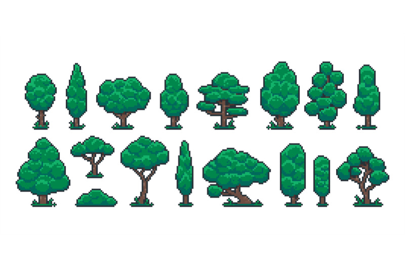 Pixel trees. Cartoon 8 bit retro game nature plant and environment obj ...