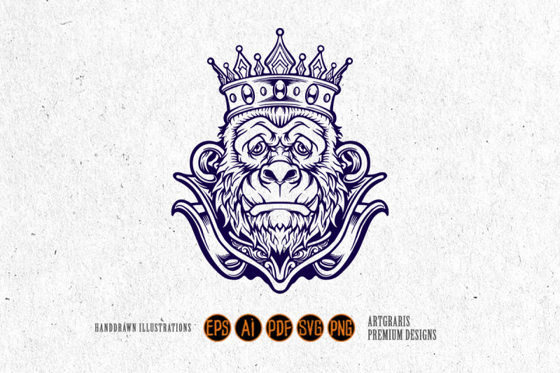 Cool gorilla with king crown Mascot monochrome Illustrations By ...