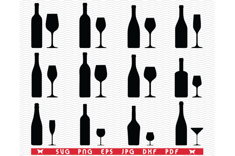 SVG Wine Bottles and Glasses, Black silhouettes, Digital clipart By ...