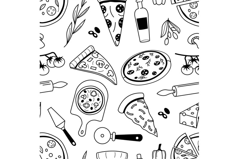 Doodle pizza pattern. Seamless print of national Italian food