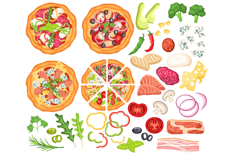 Pizza designer. Ingredients for cooking, sliced vegetables and top vie ...