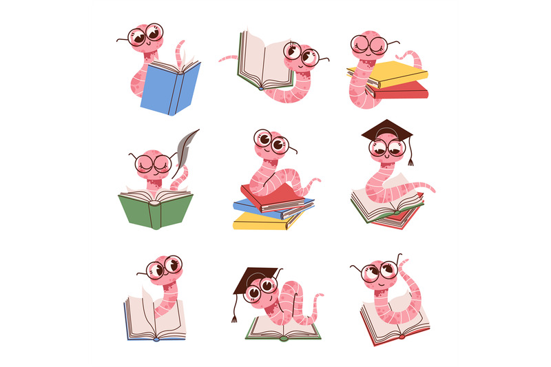 Cartoon book worm. Cute kids intelligent worm mascot in glasses, readi ...