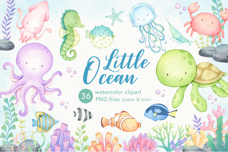 Watercolor Sea Animals Clipart, Cute Ocean Baby Animals PNG By ...