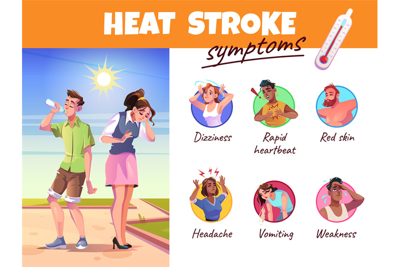 Heat stroke symptoms. Tired persons under scorching sun, hot summer co ...