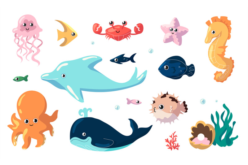 Cute sea animals. Cartoon fish swim underwater. Collection of ocean in ...