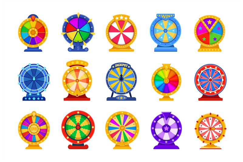 Spin wheels. Cartoon lottery circle. Fortune roulette games. Collectio ...