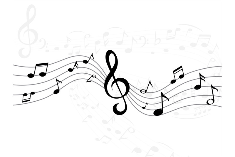 Music notes wave. Curve lines with musical signs. Sound recording stri ...