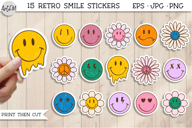 Retro Smile Face Sticker Bundle | Positive Stickers in PNG By ArtFM ...