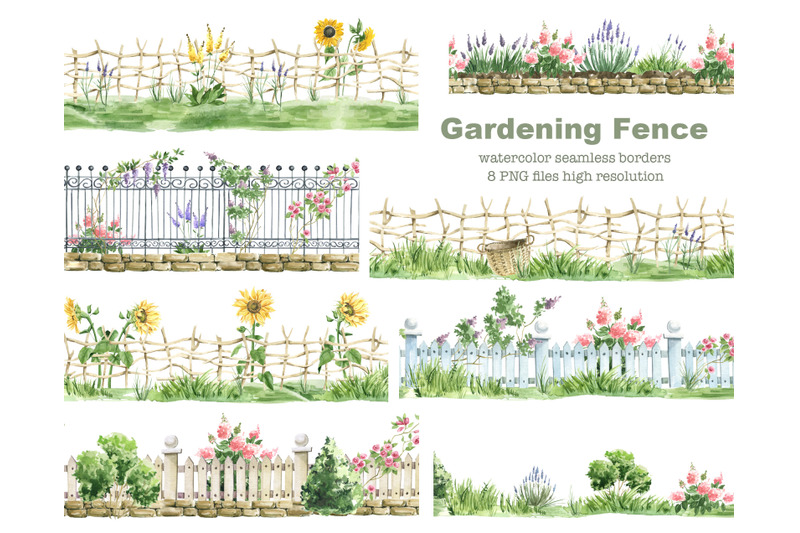 Watercolor garden clipart. Gardening wooden fence. seamless border By ...