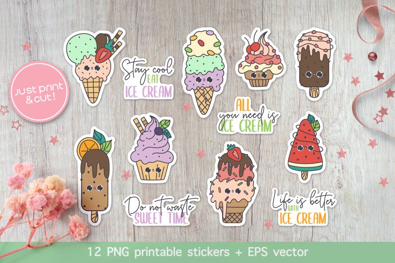 Ice Cream Kawaii Sticker Bundle12 Png Stickers Design By Kislinkaart Thehungryjpeg 8522