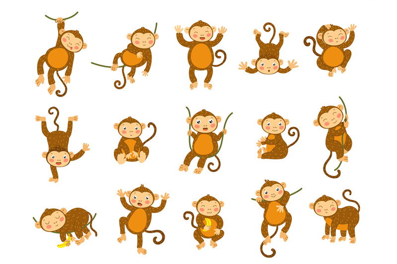 Cute monkey. Cartoon wild animals in different poses, funny ape monkey By  WinWin_artlab | TheHungryJPEG