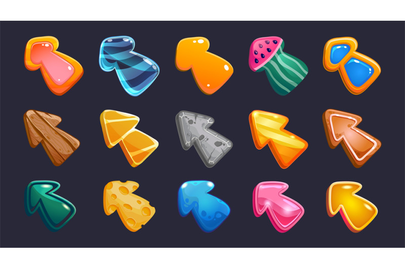 Cartoon game cursors. Click arrows and pointer interface icons of diff ...