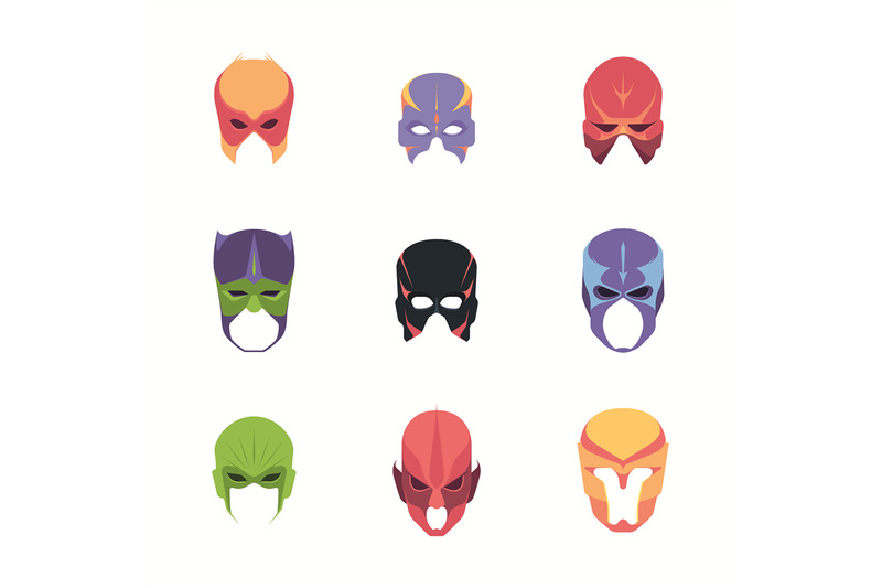 Hero mask. Faces of powerful heroes super costumes head colored helmet ...