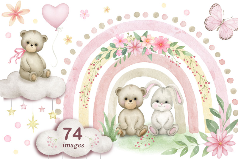 Teddy bear Baby girl shower Bunny Rainbow Pink Floral Clipart By Solo ...