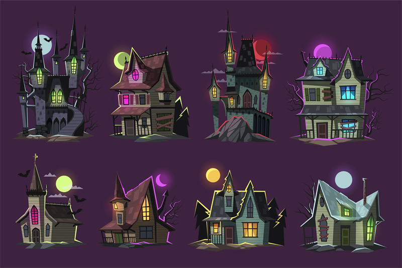 Cartoon horror house set. Scary haunted buildings, ghosted halloween c By  YummyBuum | TheHungryJPEG