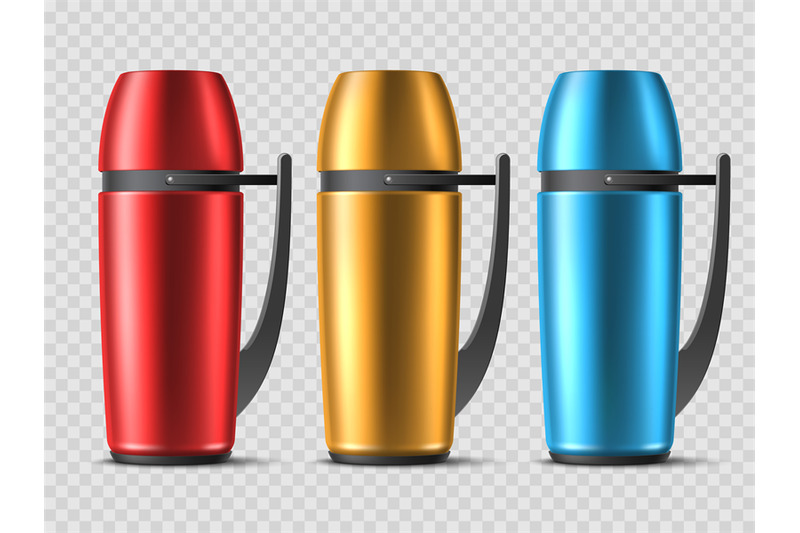 Realistic thermos. Different colors 3d hiking flasks with plastic hand By  YummyBuum