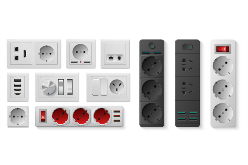 Power strip. Realistic electric socket with USB ports and switches, el ...