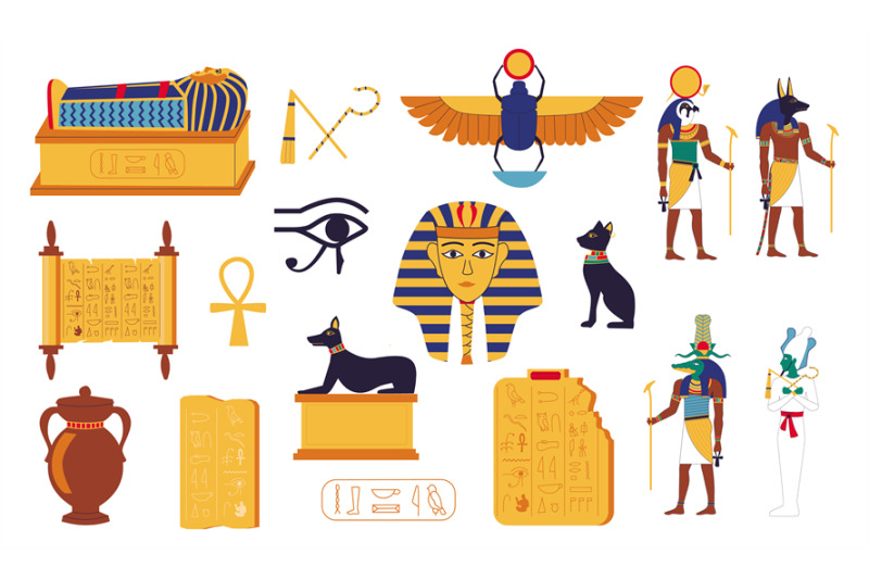 Egypt hieroglyphs. Cartoon Egyptian culture elements. Ancient graves o ...