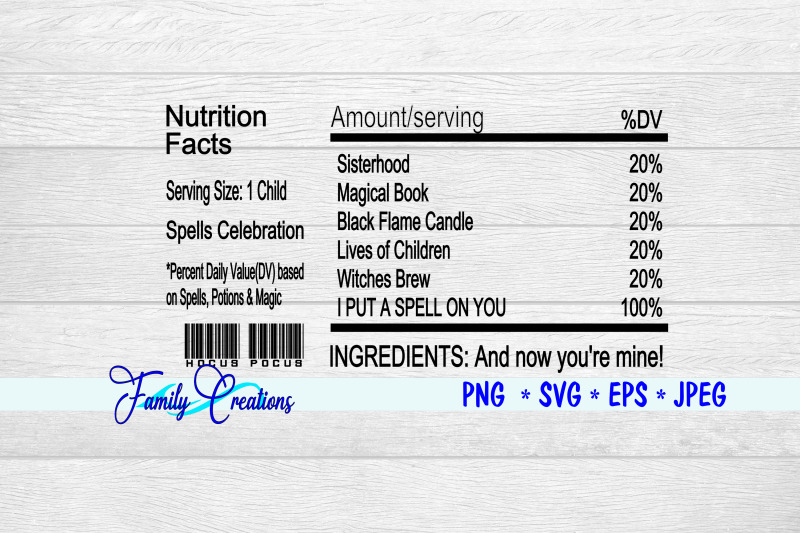 Hocus Pocus Spell Nutrition Label By Family Creations 