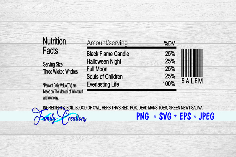 Three Wicked Witches Nutrition Label By Family Creations | TheHungryJPEG