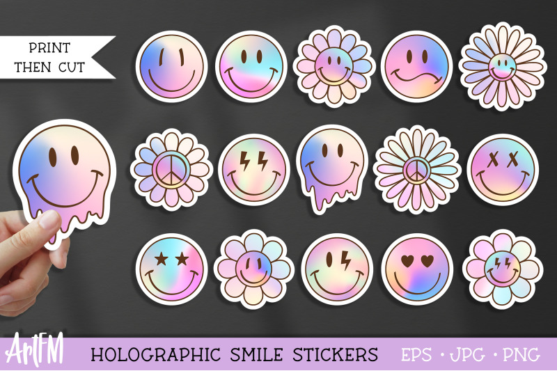 Holographic Stickers PNG | Retro Smile Face Sticker Bundle By ArtFM ...