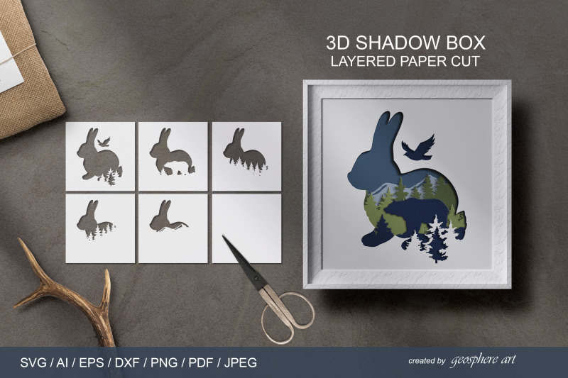 3D bunny Layered papercut SVG / DXF / EPS / AI Shadow box By Tiana Geo ...