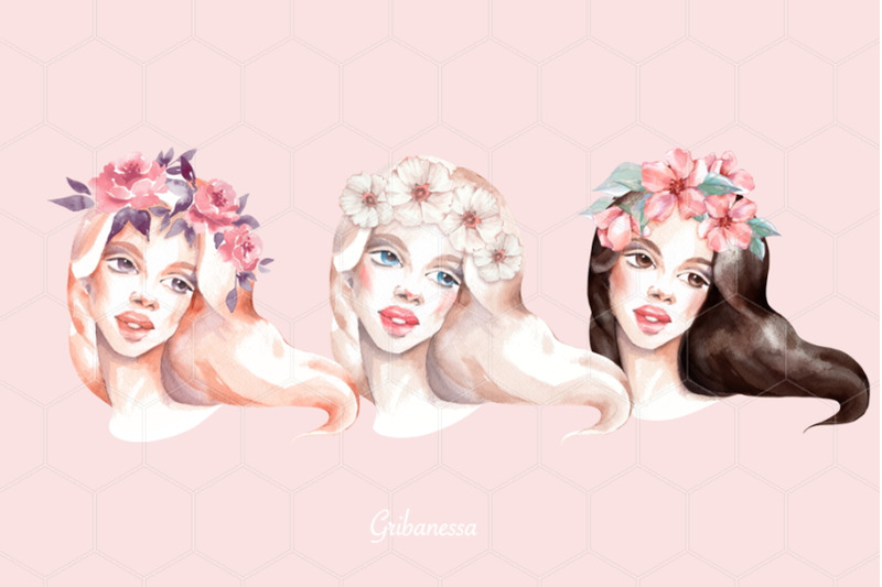 Romantic girls. Watercolor PNG By Gribanessa | TheHungryJPEG