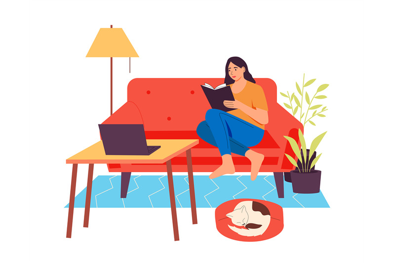 Women read books. Young female character sitting on sofa in cozy home ...