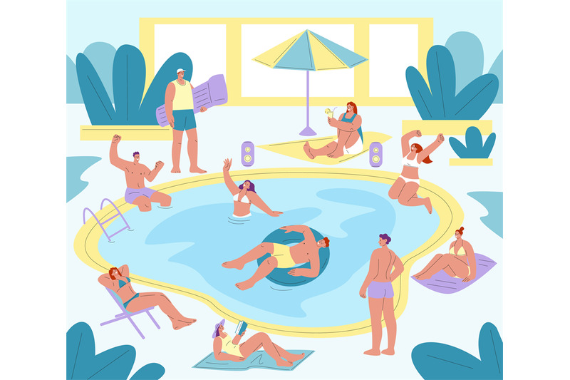 Swimming pool party. Friends relax together at summer club, drinking, By Microvector | TheHungryJPEG