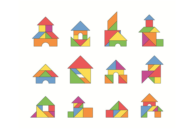 Tangram houses. Geometrical puzzles from triangles forms logical