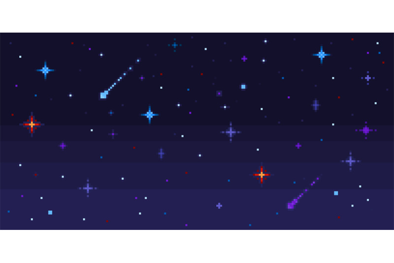 Pixel art night sky. Starry space with shooting stars, 8 bit pixelated By  WinWin_artlab | TheHungryJPEG