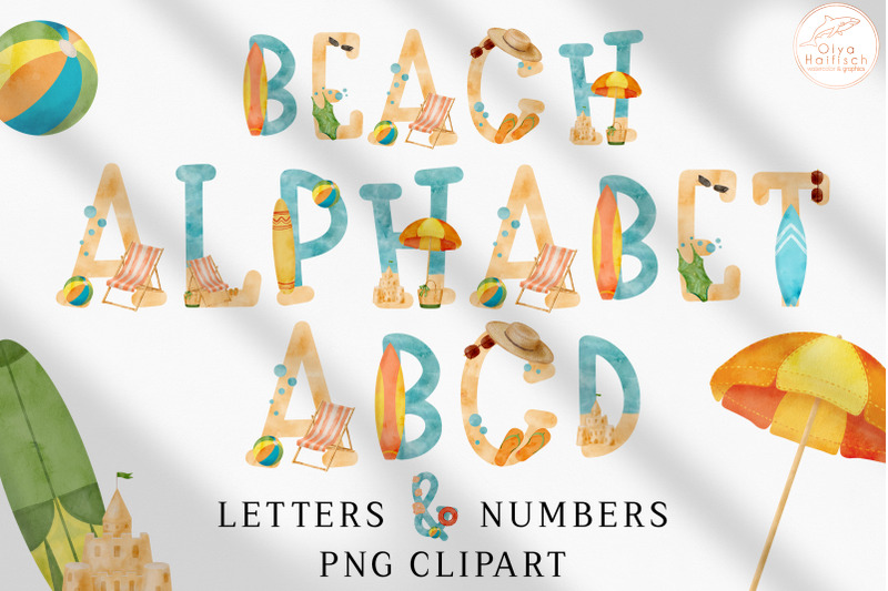 Beach Alphabet Clipart. Watercolor Summer Letters and Numbers PNG By ...