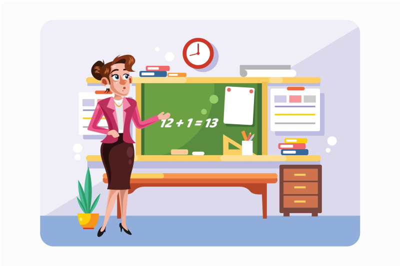 Teacher in Front of Chalkboard Vector Illustration By IanMikraz Studio ...