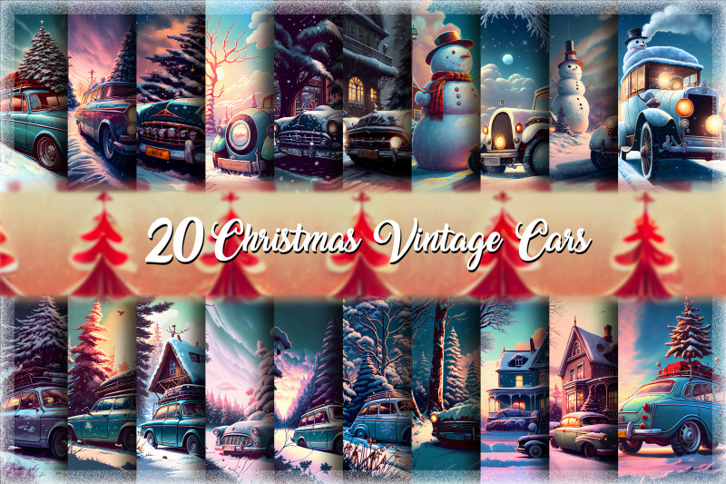 Christmas Vintage Cars Backgrounds Set By Unlimab | TheHungryJPEG