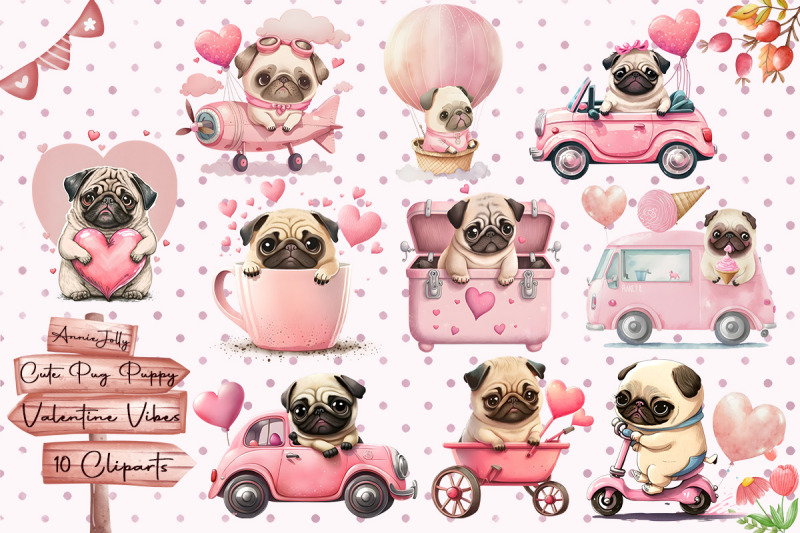 Cute Pug Puppy Valentine Vibes Bundle By Zemira | TheHungryJPEG