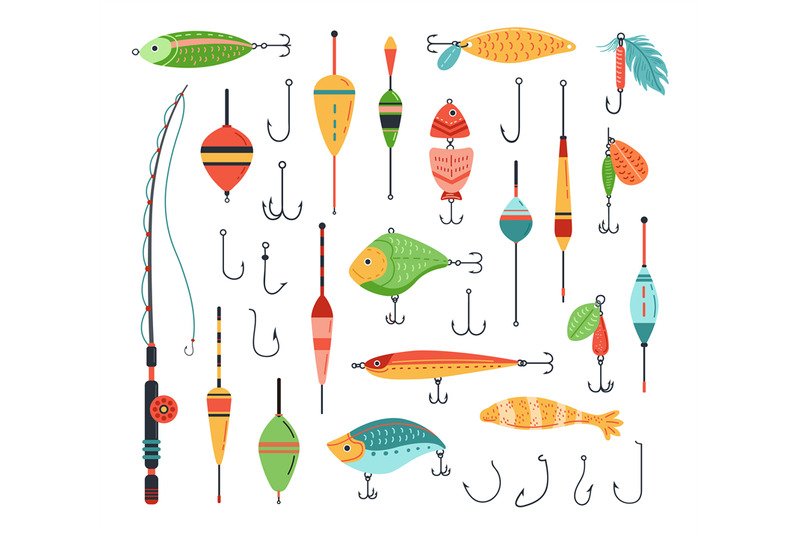 Fishing accessories. Fish bait with hook, fisherman rod and tackle