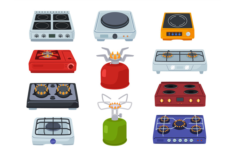 Cartoon stoves. Kitchen electric hob, camping stove gas burner and coo By  WinWin_artlab