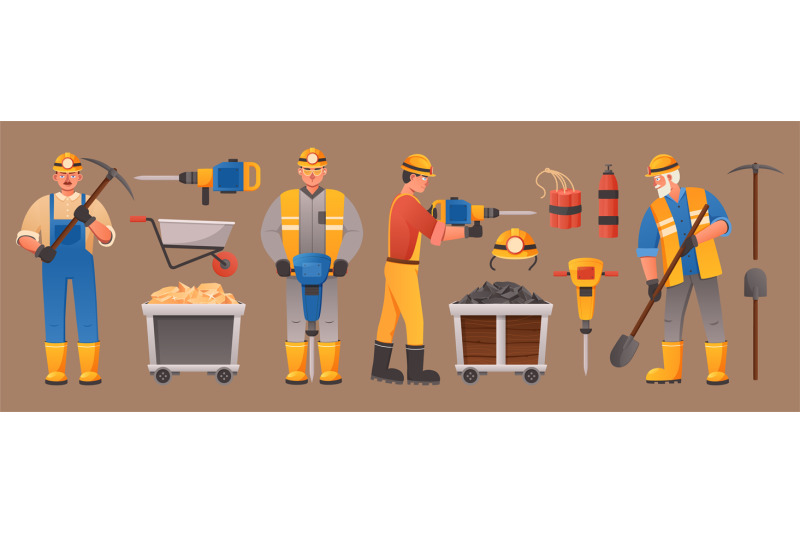 Cartoon miners and equipment. Digger character with mining tools, helm ...